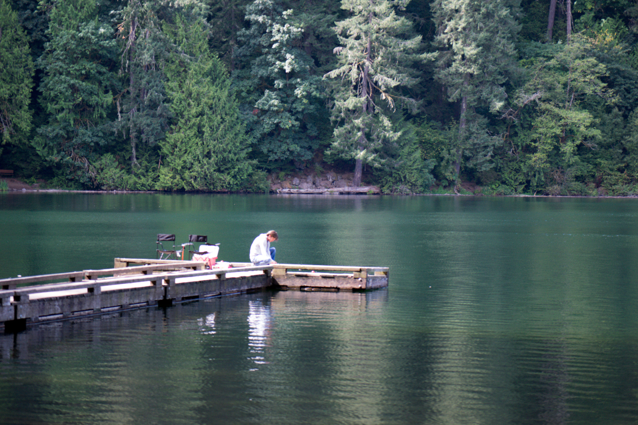 Battle Ground Lake, surrounded by evergreen forest in Battle Ground, WA
