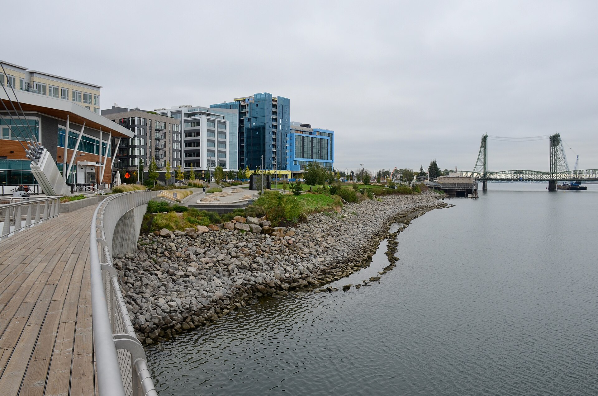 The Vancouver, WA waterfront on the Columbia River, with the Interstate Bridge in the distance