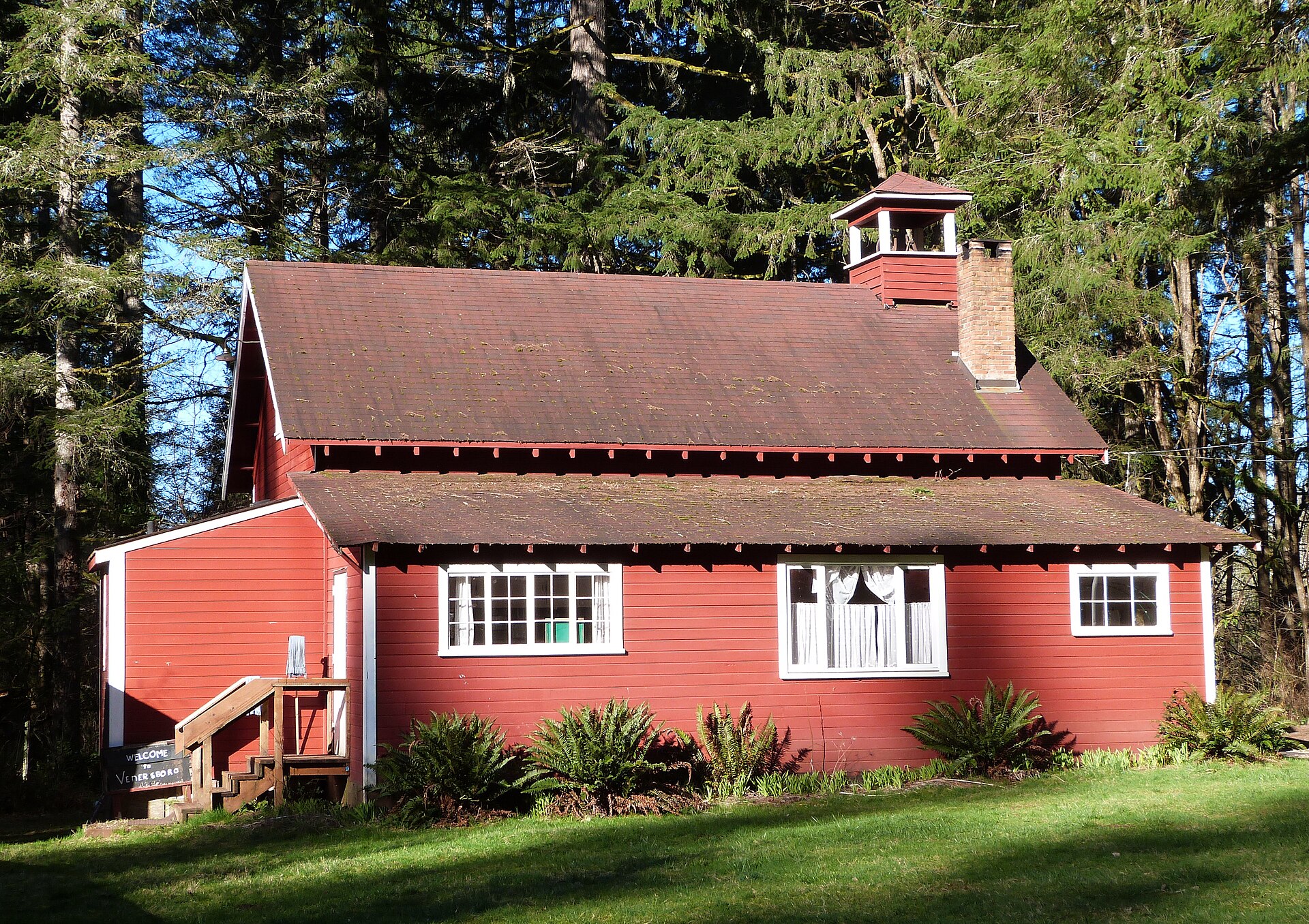 The historic red Venersborg School in Venersborg, WA